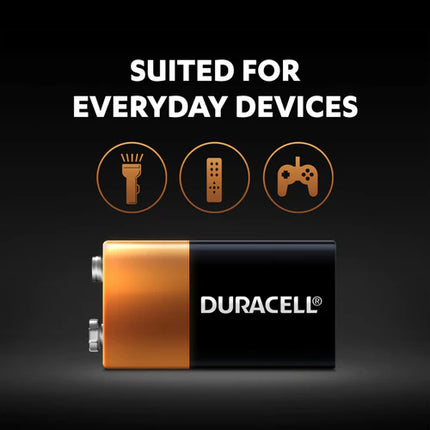 Duracell 9V alkaline battery with icons for everyday devices