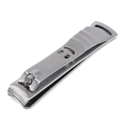 Stainless steel nail clipper with curved cutting head and finger guard
