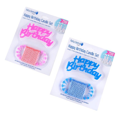 Pink and blue Happy Birthday candle plaque set packages, 25 count each.