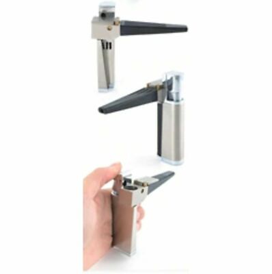 Stainless windproof lighter with black lever, shown in use with hand