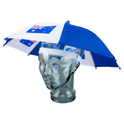 Australian flag umbrella hat with blue-and-white panels, worn over a head visor