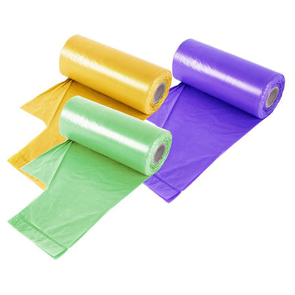 Bin liner rolls with handles in yellow, green, and purple