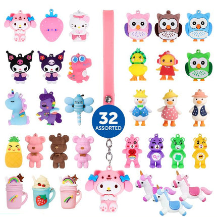 32 assorted novelty keychain charms set featuring cute animal character designs
