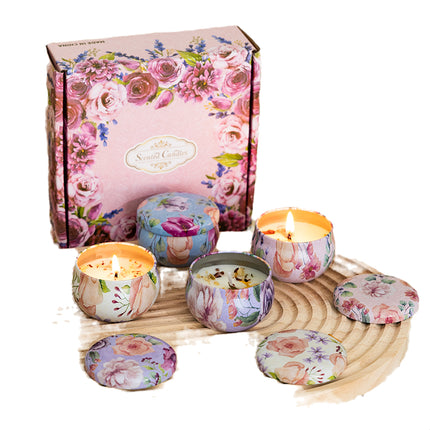Floral soy scented candle set in 55 g tin, four-piece gift box and four tins