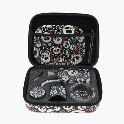 Black 7-piece waterpipe set in zippered case with panda-style graphics and tools