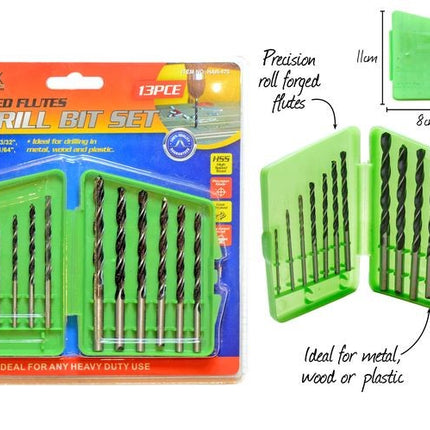 13-piece HSS drill bit set with assorted fluted bits, shown in green case