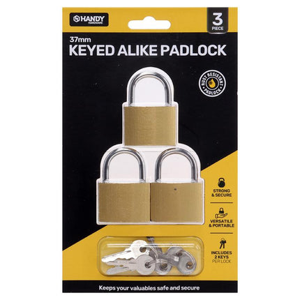 37 mm keyed-alike padlock set, 3 pack with brass-colored locks and keys