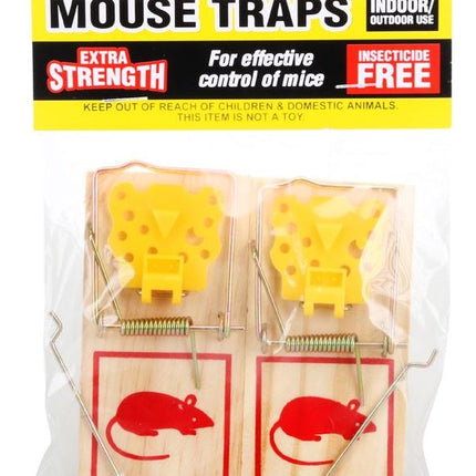 Wooden mouse trap 2-pack: two yellow bait snap traps with metal spring, in bag