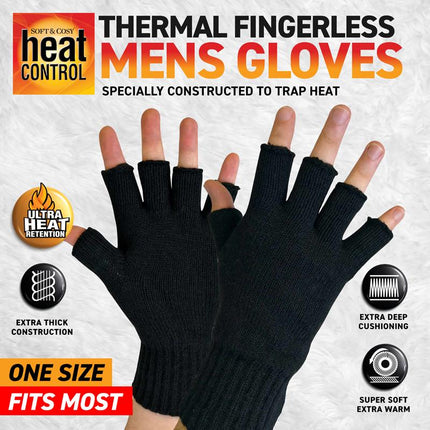 Men's black fingerless thermal gloves, open fingers and thumb, ribbed knit cuff