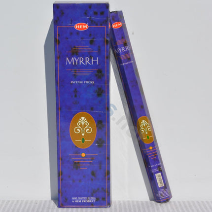 Myrrh incense sticks box and tall slim tube, blue hexa packaging, HEM brand
