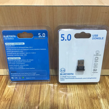 Bluetooth 5.0 USB dongle in retail blister pack, blue and white package