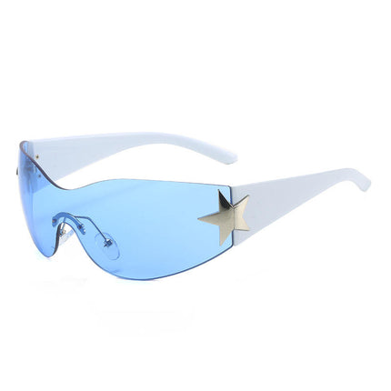 Women’s blue-tinted star sunglasses with white frames and star detail on temple