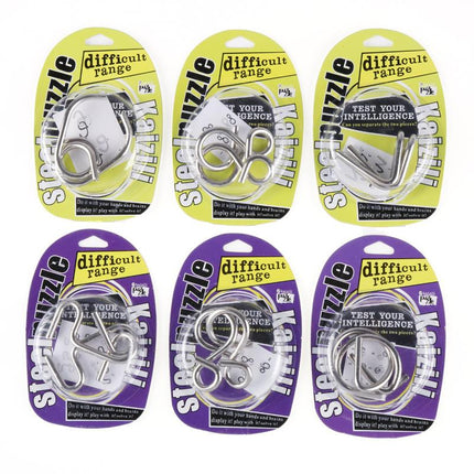 Assorted metal IQ puzzle kits with key-shaped metal parts on yellow and lime cards
