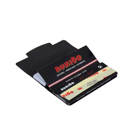 Rolling paper and tips set with black sleeve, Rukioo logo, and pale filter tips