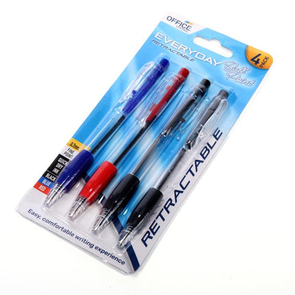 4-pack retractable ball point pen blister pack, blue backing with pens visible