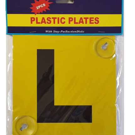 Plastic L plates 2-pack with stay-put suction disks, yellow with black L