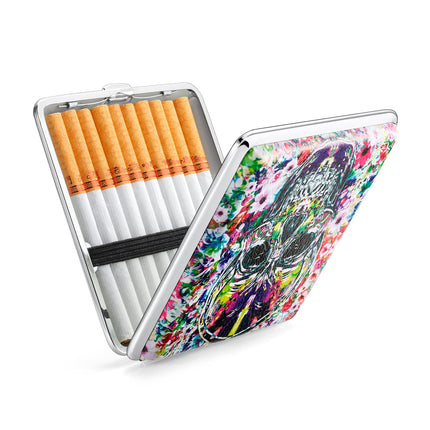 Metal cigarette case, open with cigarettes; colorful exterior artwork, hinged lid