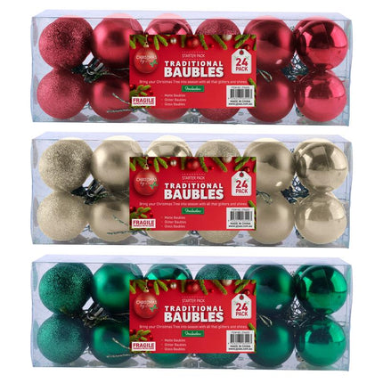 Traditional 40mm baubles, 24-pack: red, green, and gold round ornaments in gift set
