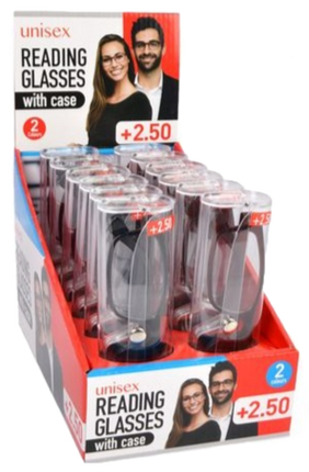 Unisex reading glasses set with case, magnification +2.50, boxed display of multiple pairs