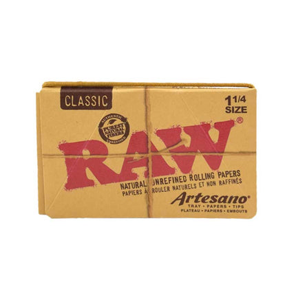 RAW Artesano classic 1 1/4 size box with natural unrefined rolling papers, tips & tray