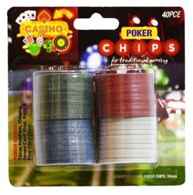 40-piece poker chip set in blister pack, stacked blue, red, and white chips