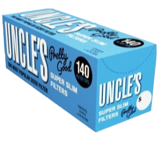 Blue box of Uncle's super slim filter tips, 140