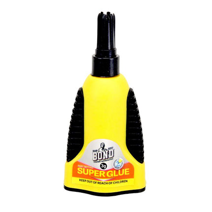 Instant super glue bottle with black nozzle cap, yellow body, 3g, clear-drying