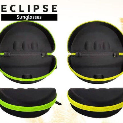 Hard sunglasses case black with neon-yellow trim, shown open and closed views
