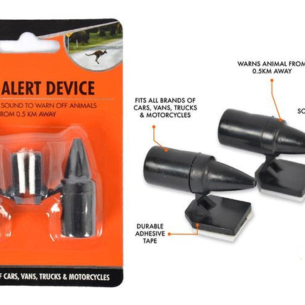 2-pack animal alert devices: two black cone units with adhesive pads, BTC blister
