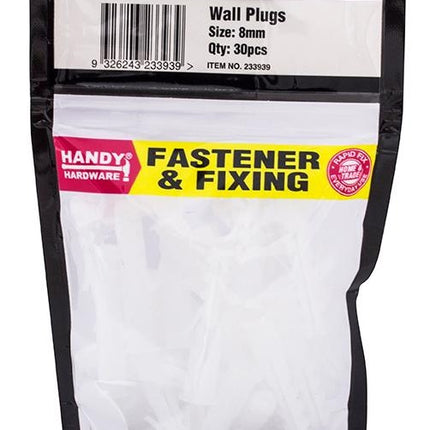 Pack of 8mm wall plugs, 30-piece bag with brand label