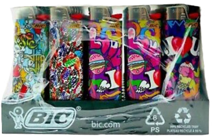 BIC J26 abstract design lighter tray with 50-pack display, colorful graphics on lighters