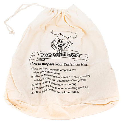 Cream cotton Christmas ham bag with drawstring, pig cartoon and text instructions