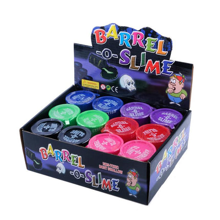 Barrel slime toy set with 12 small round slime tubs in assorted colors
