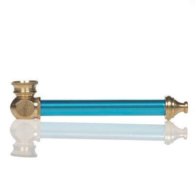 Long metal tobacco pipe in blue with brass-colored mouthpiece and bowl