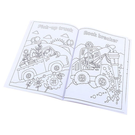 Kids coloring book opened to black-and-white pickup truck and rock breaker pages