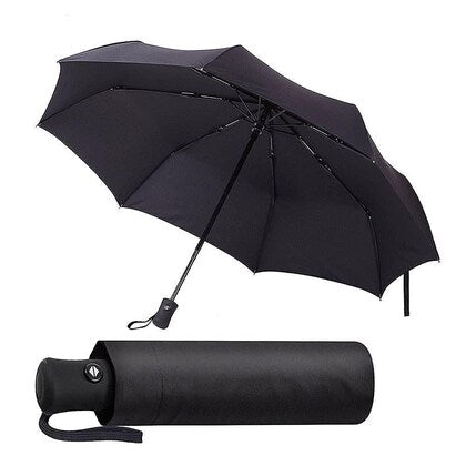 Automatic 3-fold umbrella in dark color, closed with strap and carry sleeve
