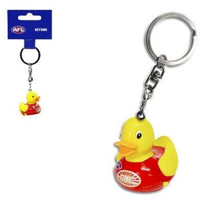 AFL GC Suns key ring with yellow duck charm in red jersey, silver chain and ring