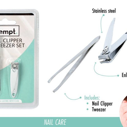 Stainless steel nail clipper and tweezer set with enlarged opening for grooming