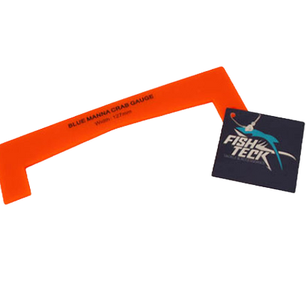 Orange plastic crab gauge tool with curved claw-style frame and hanging tag