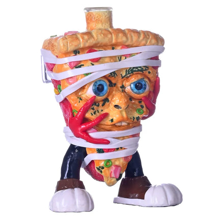 Pizza-themed glass water pipe with cartoon slice face and white wrap straps
