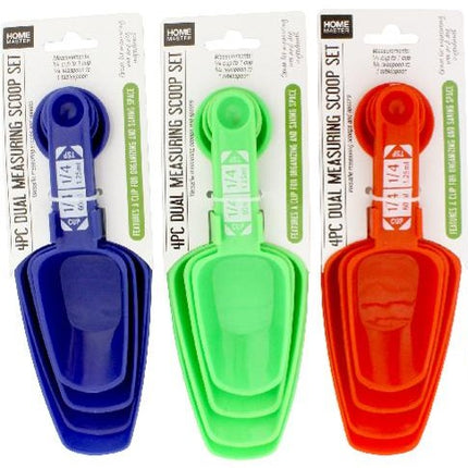 Blue 4-piece plastic measuring scoop set with four nested scoop sizes and measuring marks
