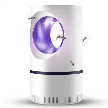 White UV LED insect trap with purple-lit circular chamber and flying insects