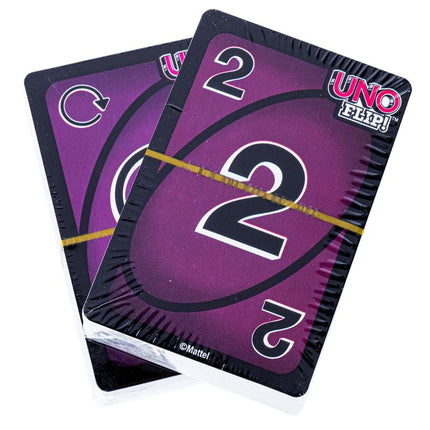 Purple UNO Flip cards fanned, showing large numbers 2 and card symbols