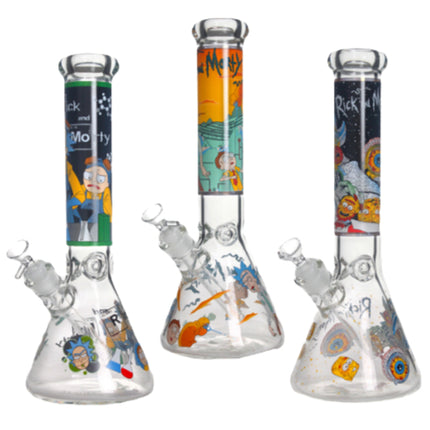 Clear glass beaker water pipe with Rick 'n' Morty colorful cartoon graphics and side arm