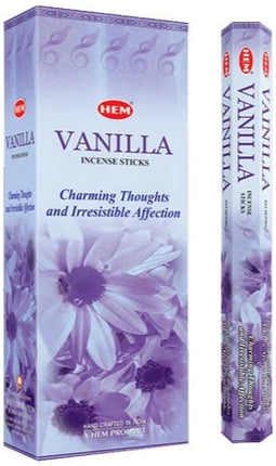 Vanilla incense sticks box set with purple floral design and HEM logo