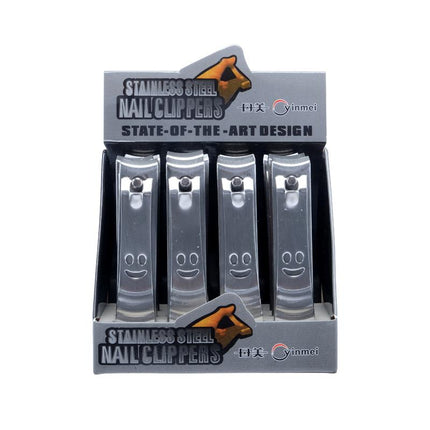 Stainless nail clipper display tray with several chrome clippers in a row