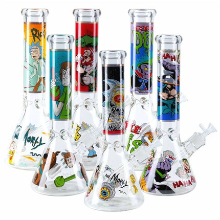 Water beaker glass pipe set with colorful character prints and wide bubble base