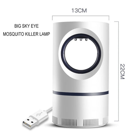 Compact white pest trap lamp with dark blue circular ring, USB plug, size shown
