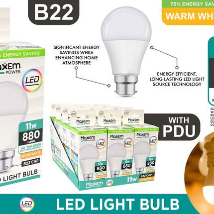 Warm-white 11W LED bayonet B22 bulb and retail box with 880 lumen halo label