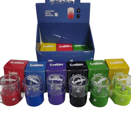 Assorted electric herb grinder cups in multiple colors with boxed packaging shown